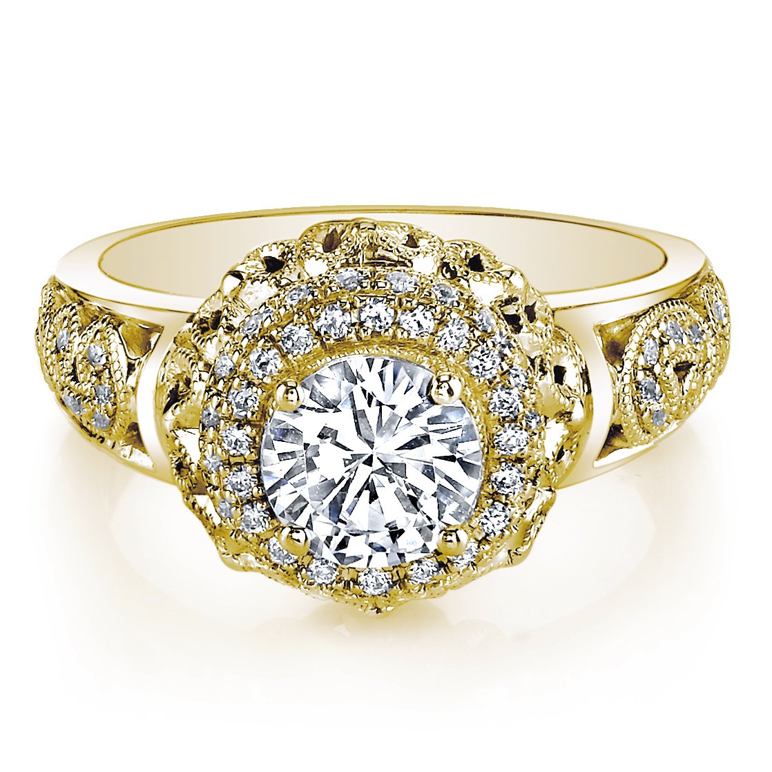 18K YELLOW GOLD DOUBLE HALO DIAMOND ENGAGEMENT RING