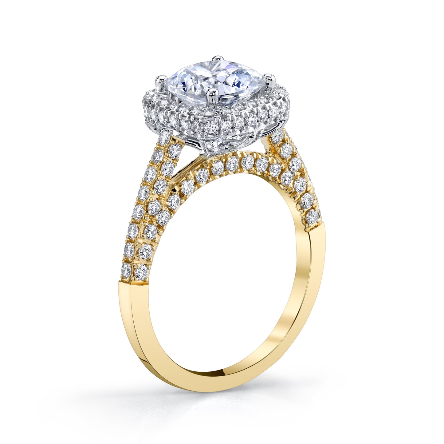 18K WHITE AND YELLOW GOLD HALO DIAMOND ENGAGEMENT RING