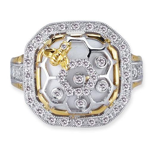 18K TWO TONE HONEYCOMB RING WITH DIAMONDS AND WHITE AGATE