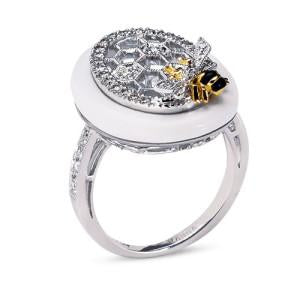 18K TWO TONE HONEYCOMB DIAMOND RING WITH BLACK AND WHITE AGATE