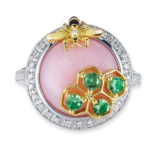 18K TWO TONE DIAMOND RING WITH OPAL TSAVORITE AND AGATE