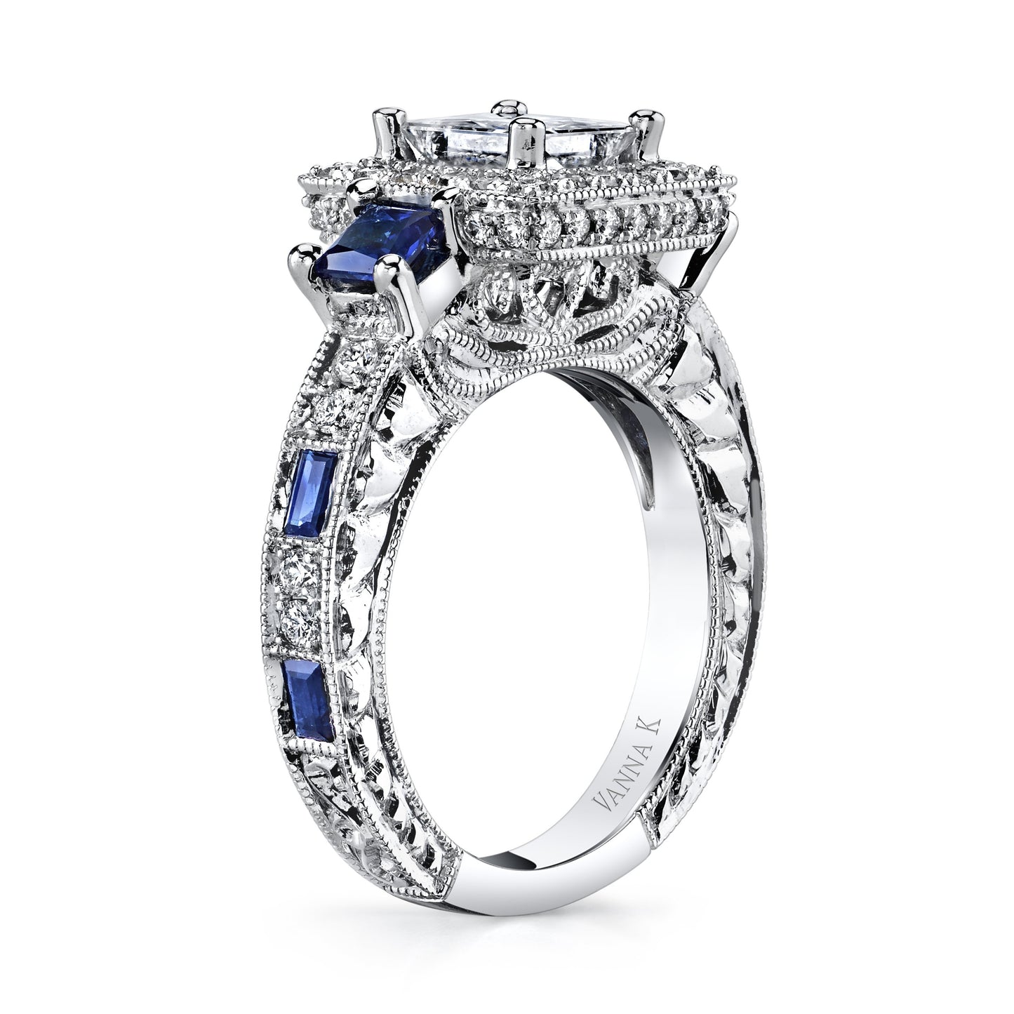 18K WHITE GOLD HALO DIAMOND AND SAPPHIRE ENGAGEMENT RING