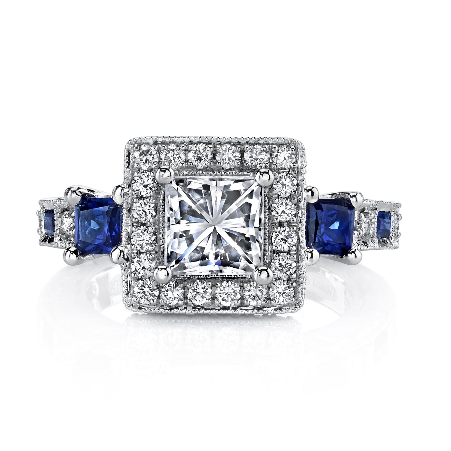 18K WHITE GOLD HALO DIAMOND AND SAPPHIRE ENGAGEMENT RING