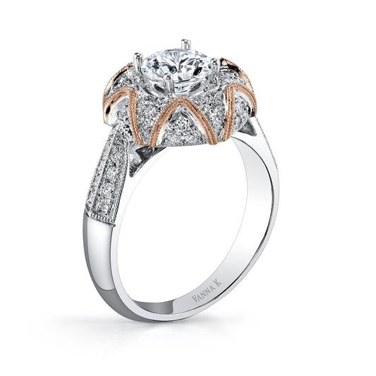 18K TWO TONE HALO DIAMOND ENGAGEMENT RING