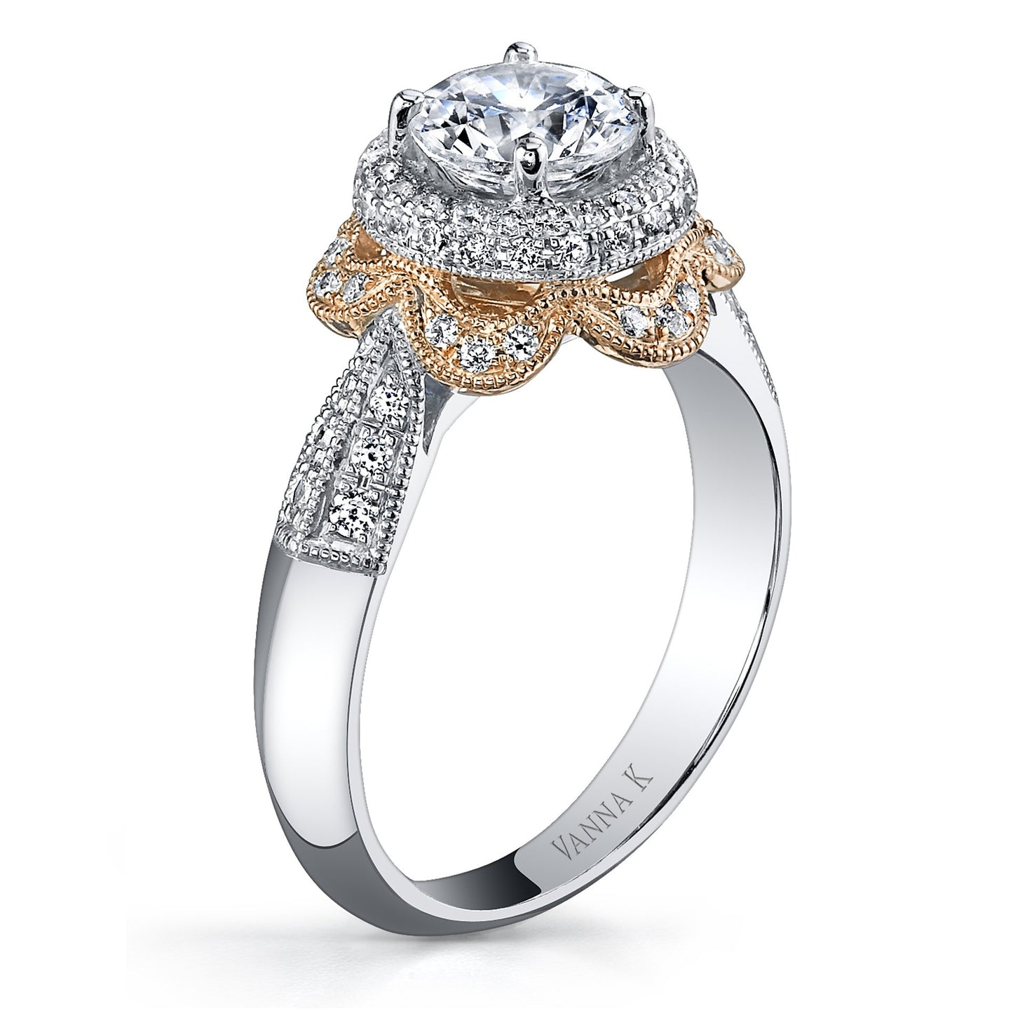 18K TWO TONE HALO DIAMOND ENGAGEMENT RING