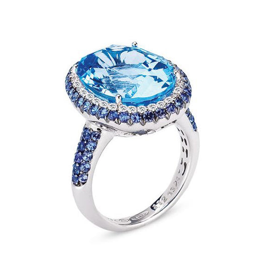 18K WHITE GOLD RING WITH DIAMONDS SAPPHIRES AND BLUE TOPAZ