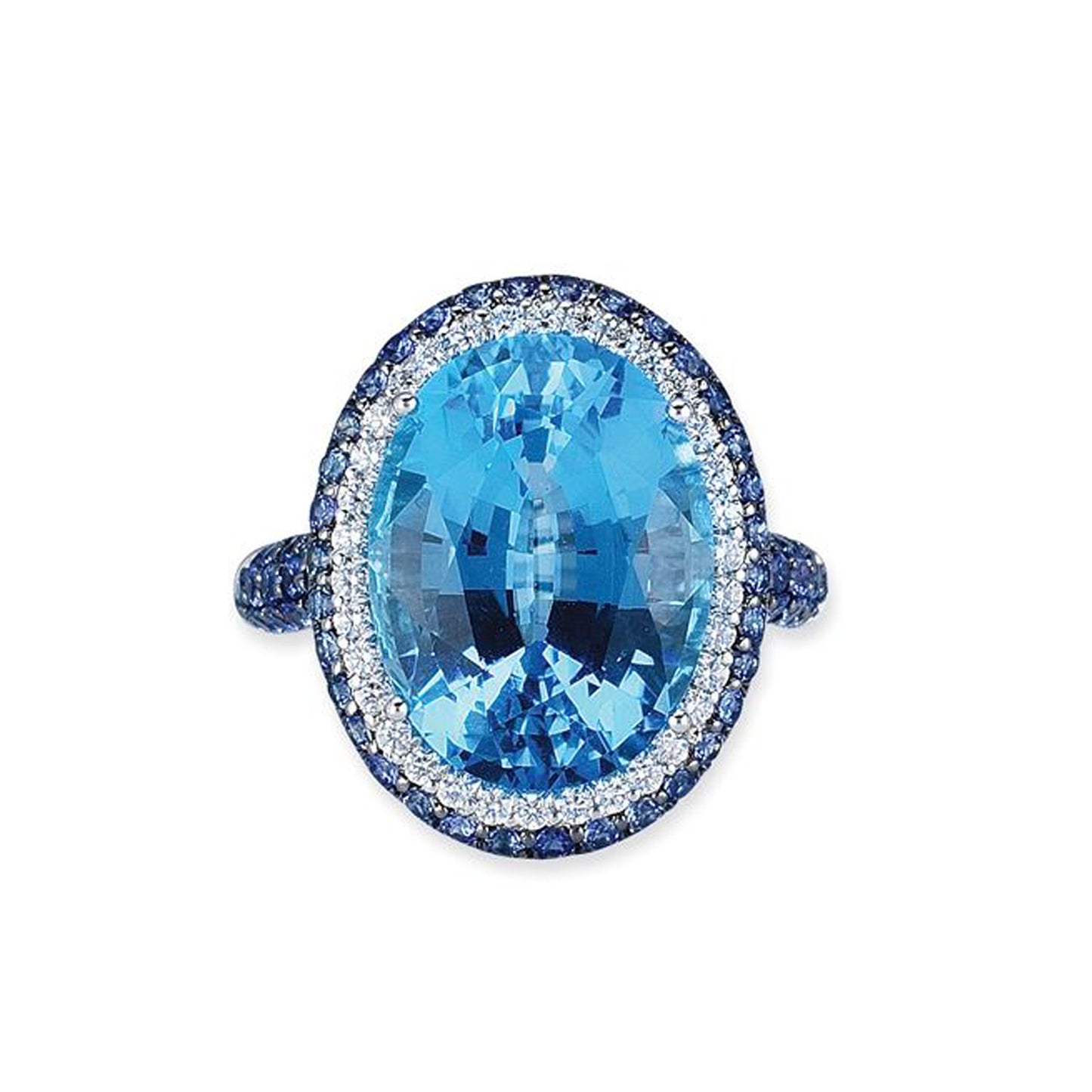 18K WHITE GOLD RING WITH DIAMONDS SAPPHIRES AND BLUE TOPAZ