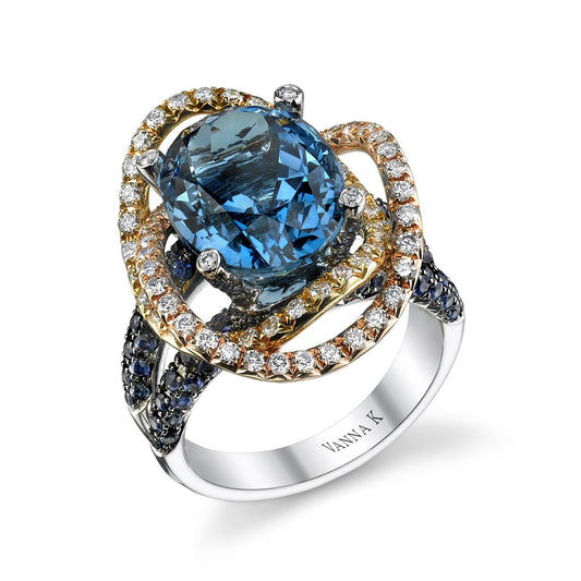 18K WHITE GOLD FASHION DIAMOND AND SAPPHIRE BLUE TOPAZ RING