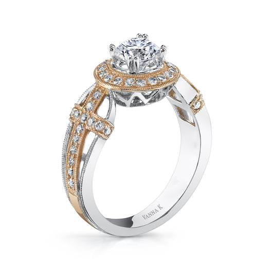 18K TWO TONE HALO DIAMOND ENGAGEMENT RING