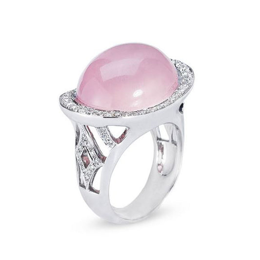 18K WHITE GOLD RING WITH DIAMONDS AND ROSE QUARTZ