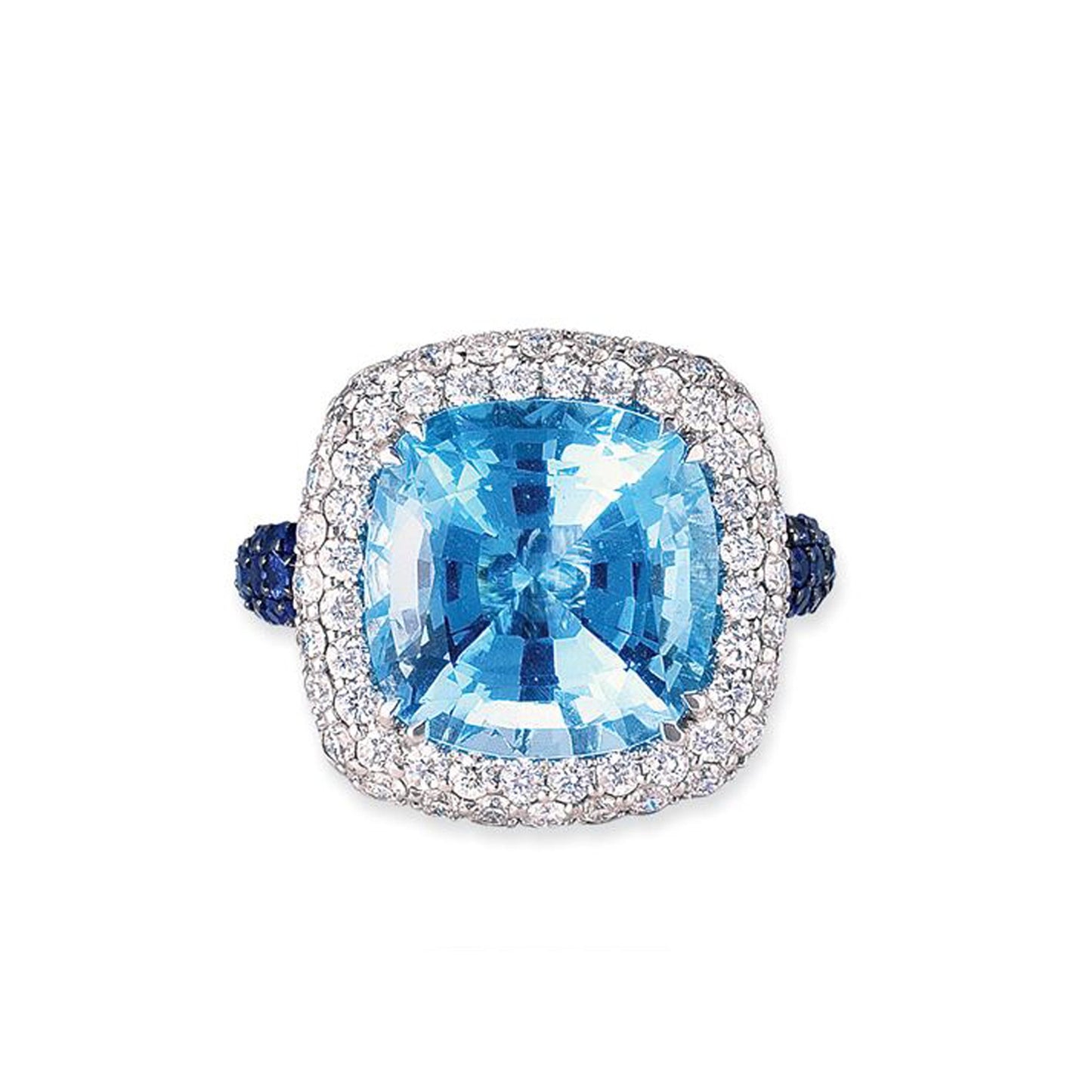 18K WHITE GOLD RING WITH DIAMONDS SAPPHIRES AND BLUE TOPAZ