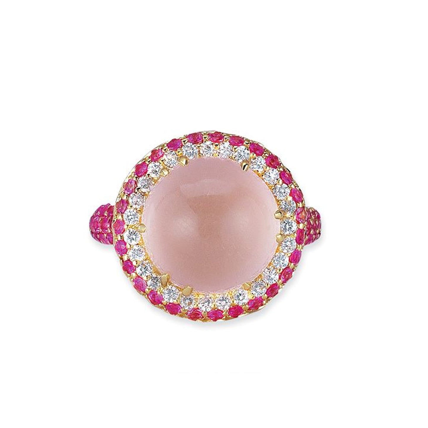 18K YELLOW GOLD RING WITH DIAMONDS SAPPHIRES AND ROSE QUARTZ