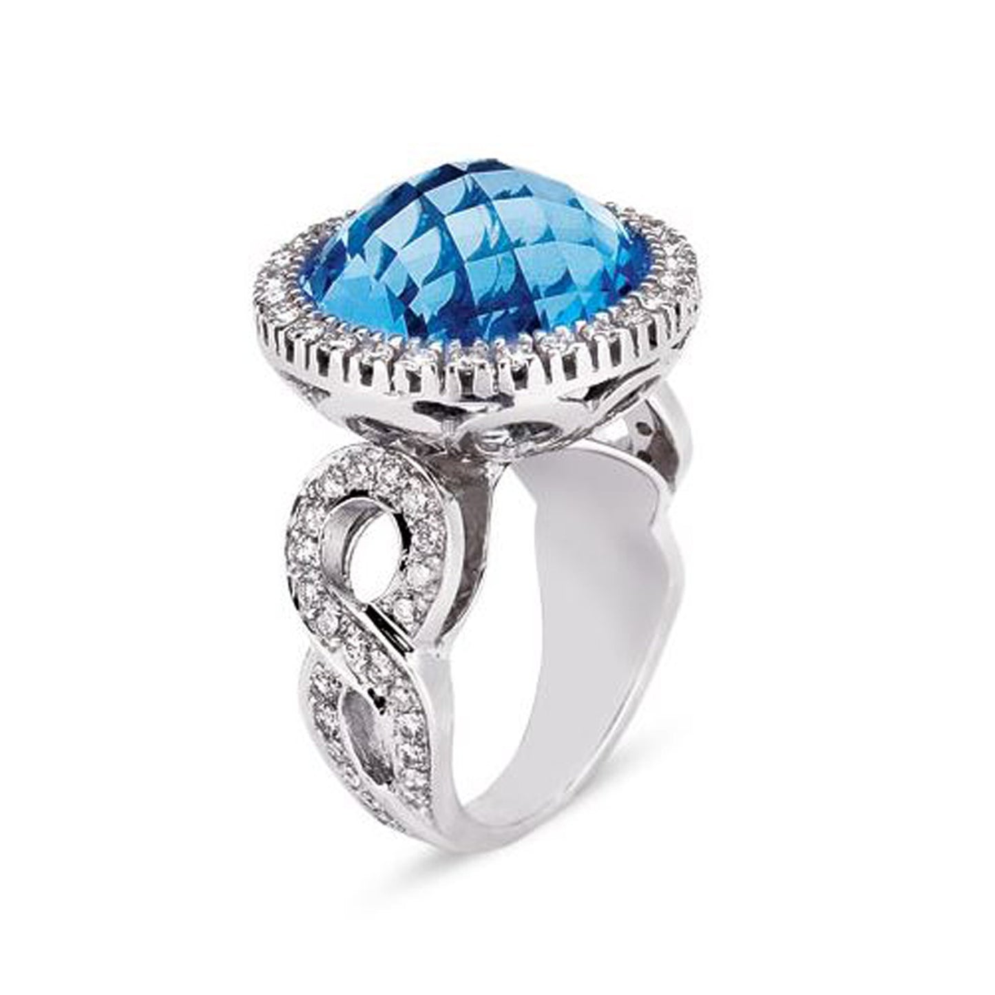 18 K WHITE GOLD RING WITH DIAMONDS AND BLUE TOPAZ