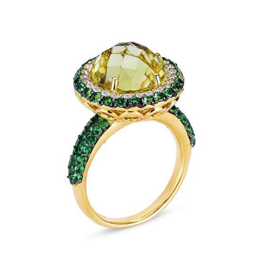 18K YELLOW GOLD RING WITH DIAMONDS TSAVORITE AND LEMON QUARTZ