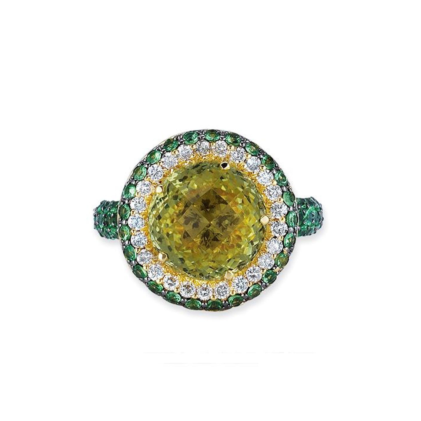 18K YELLOW GOLD RING WITH DIAMONDS TSAVORITE AND LEMON QUARTZ