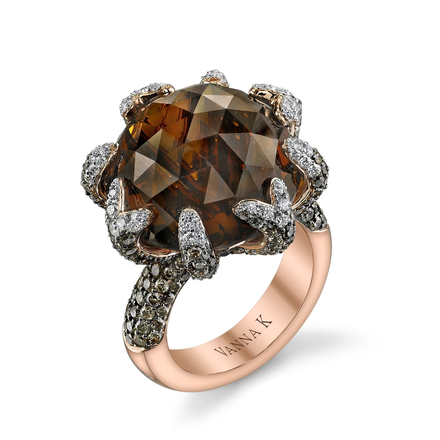 18K ROSE GOLD FASHION DIAMOND AND SMOKEY QUARTZ RING