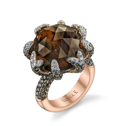 18K ROSE GOLD FASHION DIAMOND AND SMOKEY QUARTZ RING