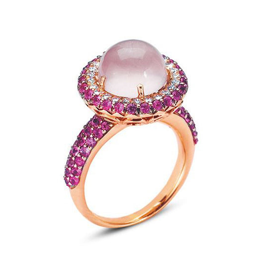 18K ROSE GOLD RING WITH DIAMONDS SAPPHIRES AND ROSE QUARTZ