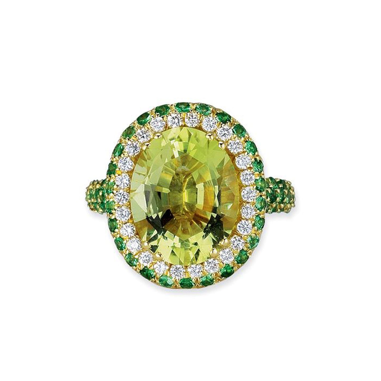 18K YELLOW GOLD RING WITH DIAMONDS TSAVORITE AND LEMON QUARTZ