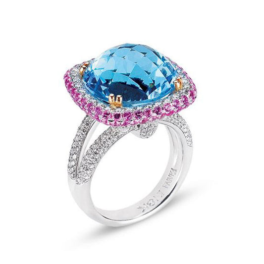 18K WHITE GOLD RING WITH DIAMONDS SAPPHIRES AND BLUE TOPAZ