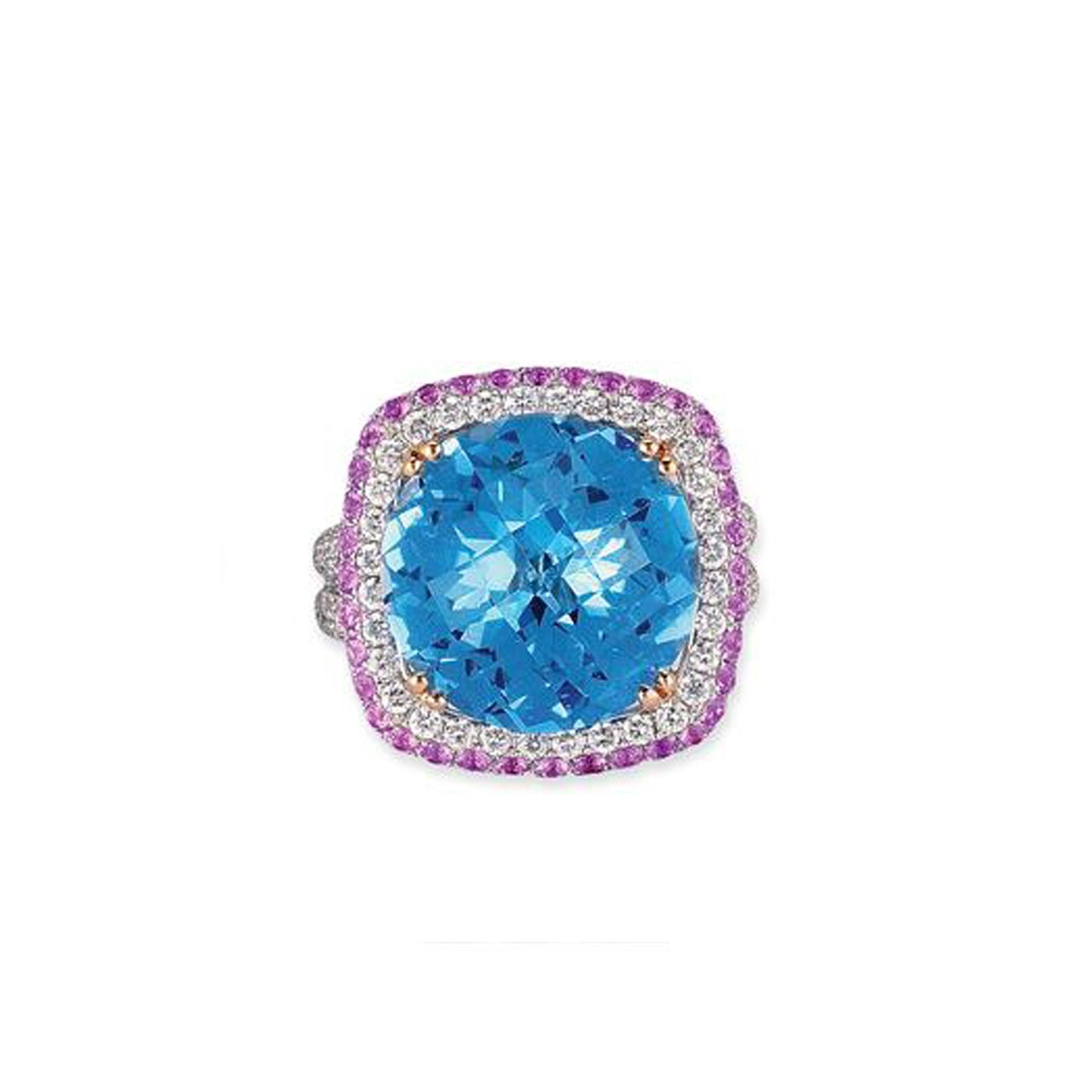 18K WHITE GOLD RING WITH DIAMONDS SAPPHIRES AND BLUE TOPAZ