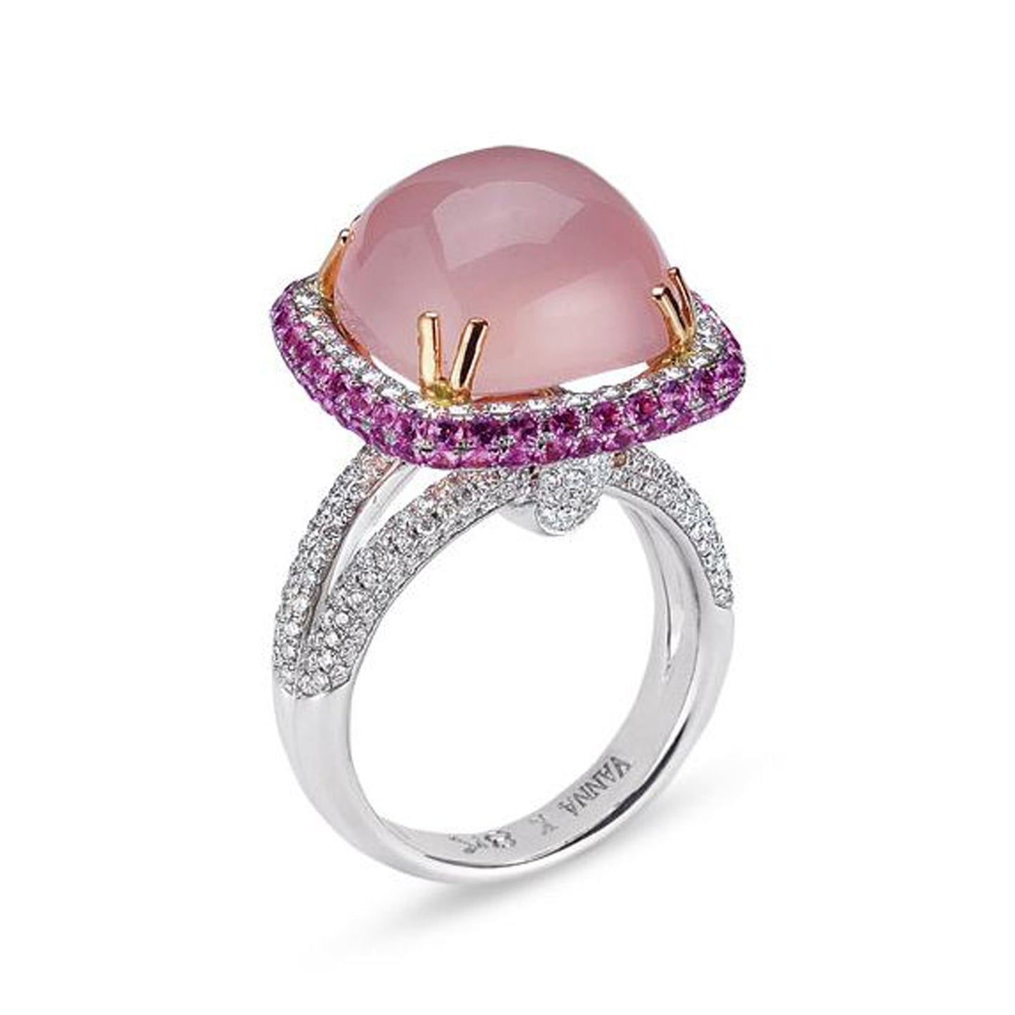 18K WHITE GOLD RING WITH DIAMONDS SAPPHIRE AND ROSE QUARTZ