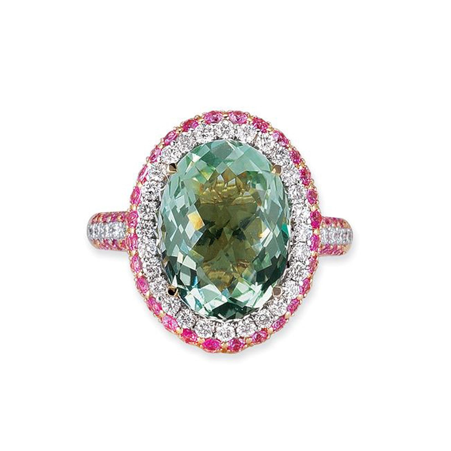 18K ROSE GOLD RING WITH PINK SAPPHIRES DIAMONDS AND GREEN AMETHYST