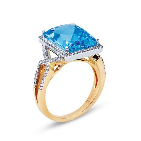 18K TWO TONE GOLD RING WITH DIAMONDS AND BLUE TOPAZ