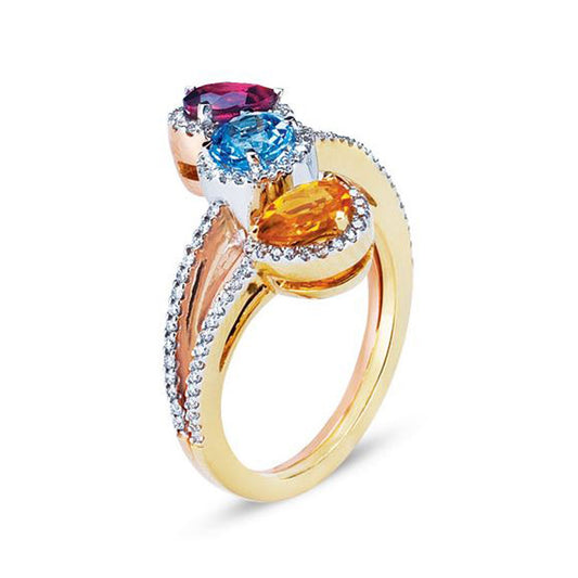 18K TRI COLOR BIRTHSTONE RING WITH DIAMONDS AND COLORED STONES