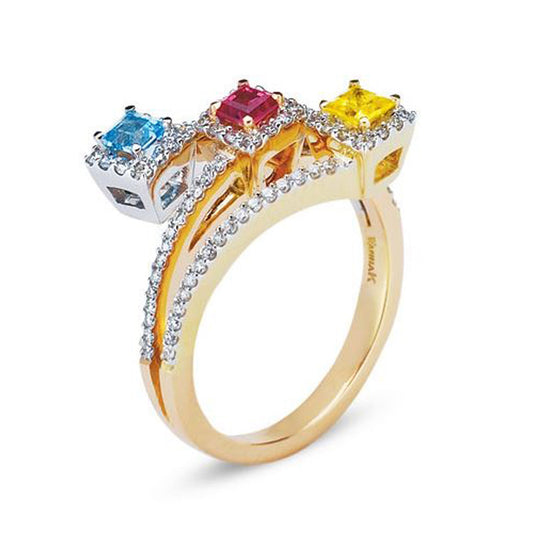 18K TRI COLOR BIRTHSTONE RING WITH DIAMONDS AND COLORED STONES