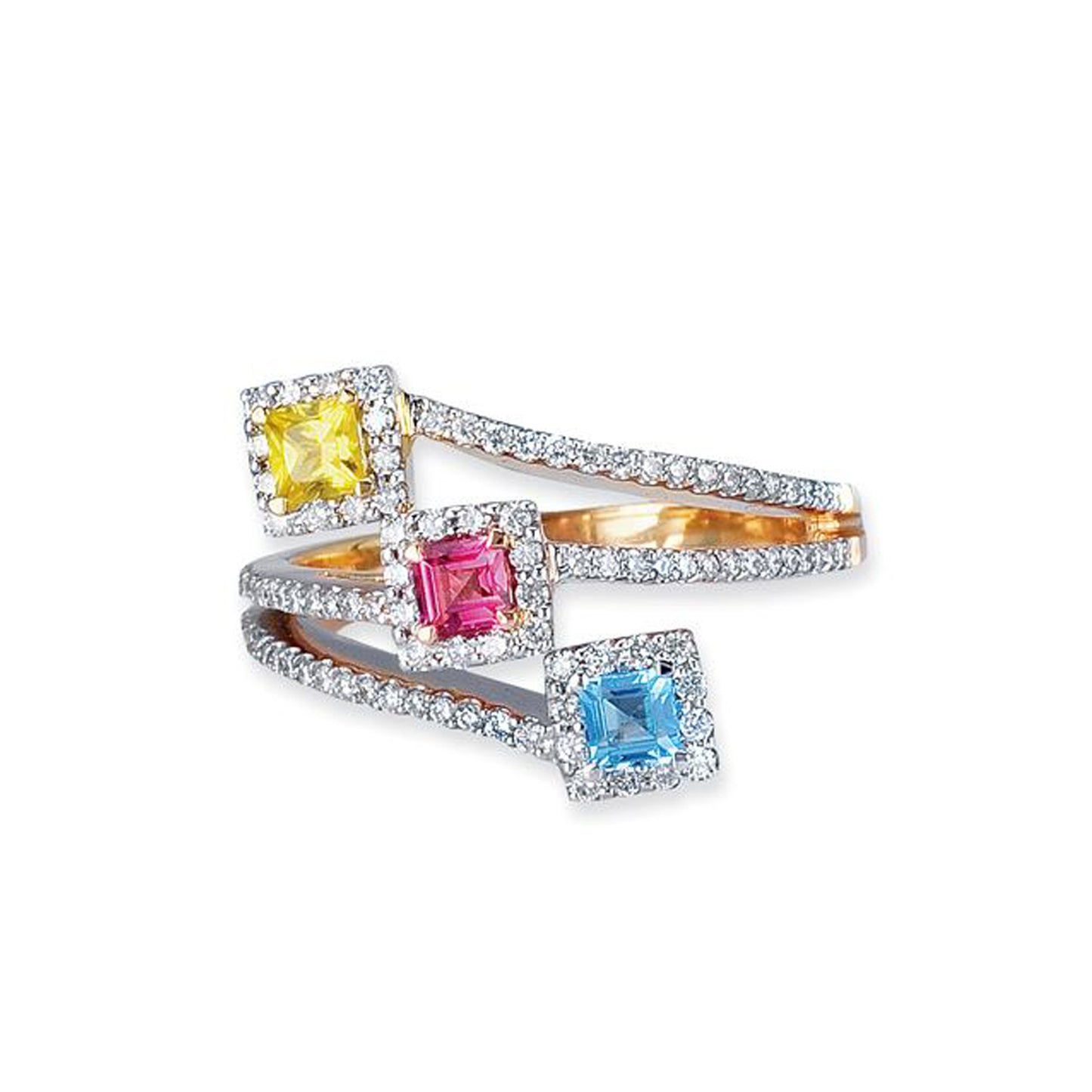 18K TRI COLOR BIRTHSTONE RING WITH DIAMONDS AND COLORED STONES