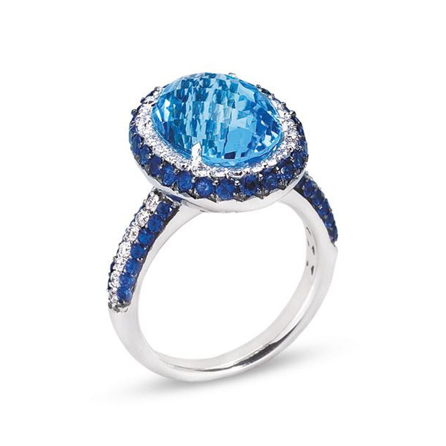 18K WHITE GOLD RING WITH DIAMONDS SAPPHIRES AND BLUE TOPAZ