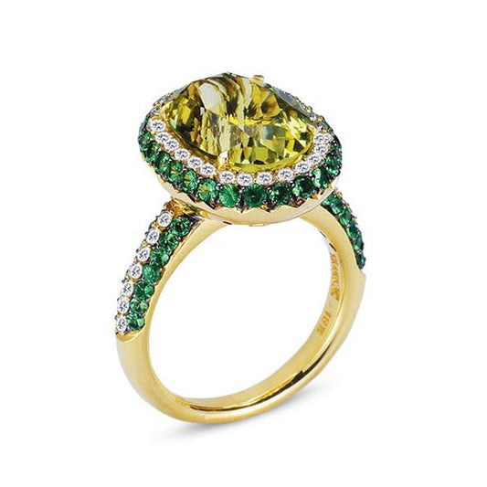 18K YELLOW GOLD RING WITH DIAMONDS TSAVORITE AND LEMON QUARTZ