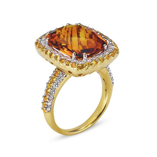 18K YELLOW GOLD RING WITH DIAMONDS SAPPHIRES AND CITRINE