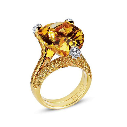 18K YELLOW GOLD RING WITH DIAMONDS SAPPHIRES AND CITRINE