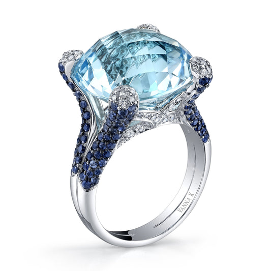 18K WHITE GOLD DIAMOND AND SAPPHIRE FASHION BLUE TOPAZ RING