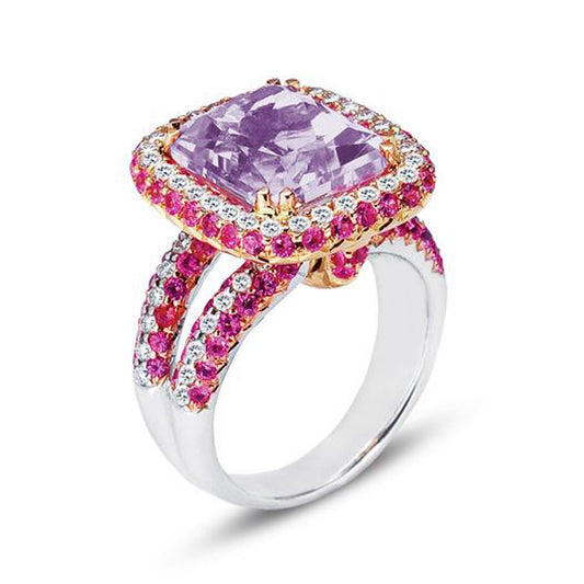 18K WHITE GOLD RING WITH DIAMONDS SAPPHIRES AND KUNZITE