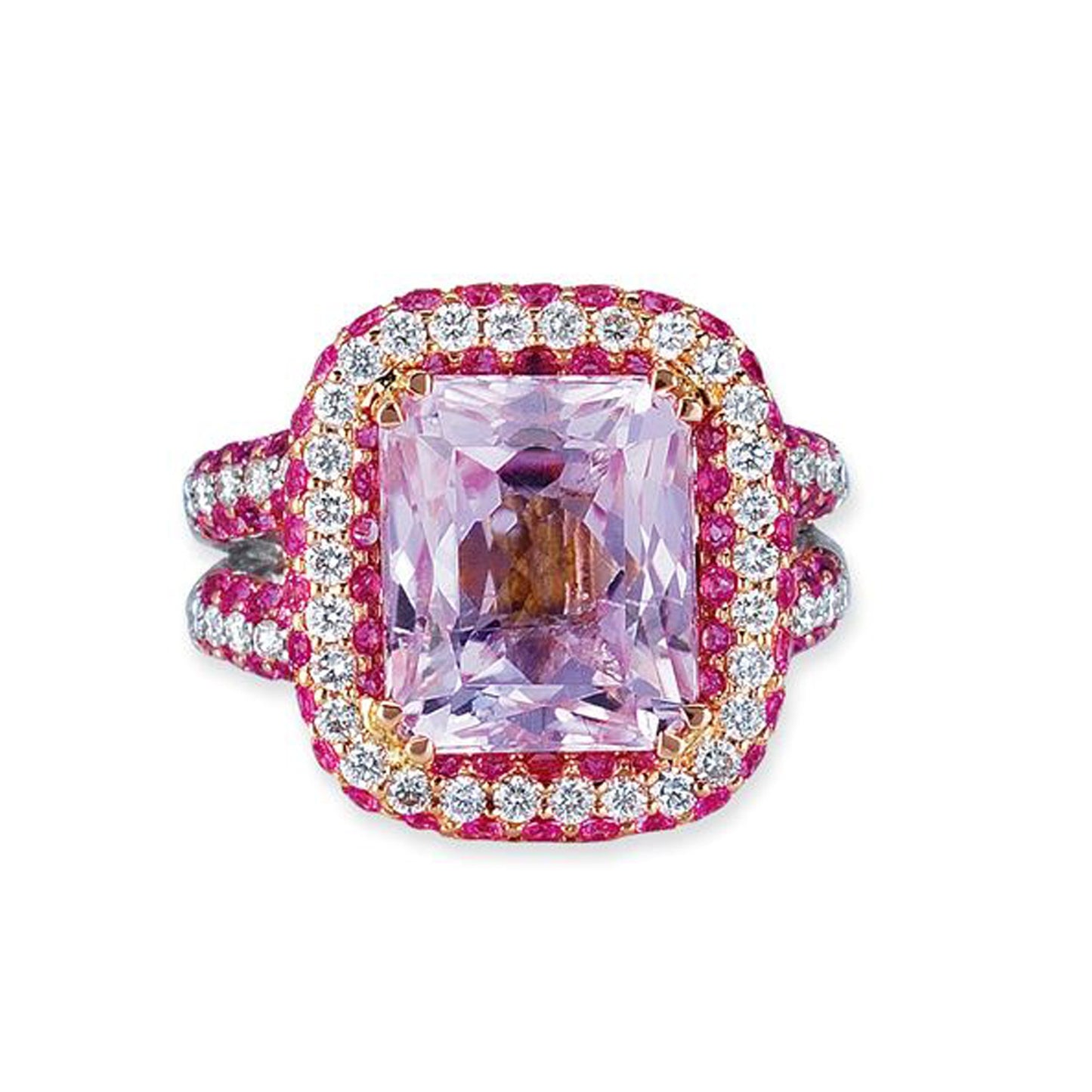 18K WHITE GOLD RING WITH DIAMONDS SAPPHIRES AND KUNZITE