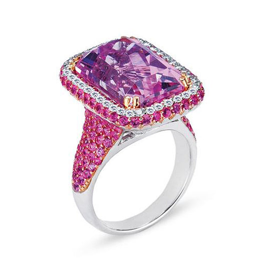 18K WHITE GOLD RING WITH DIAMONDS SAPPHIRES AND KUNZITE