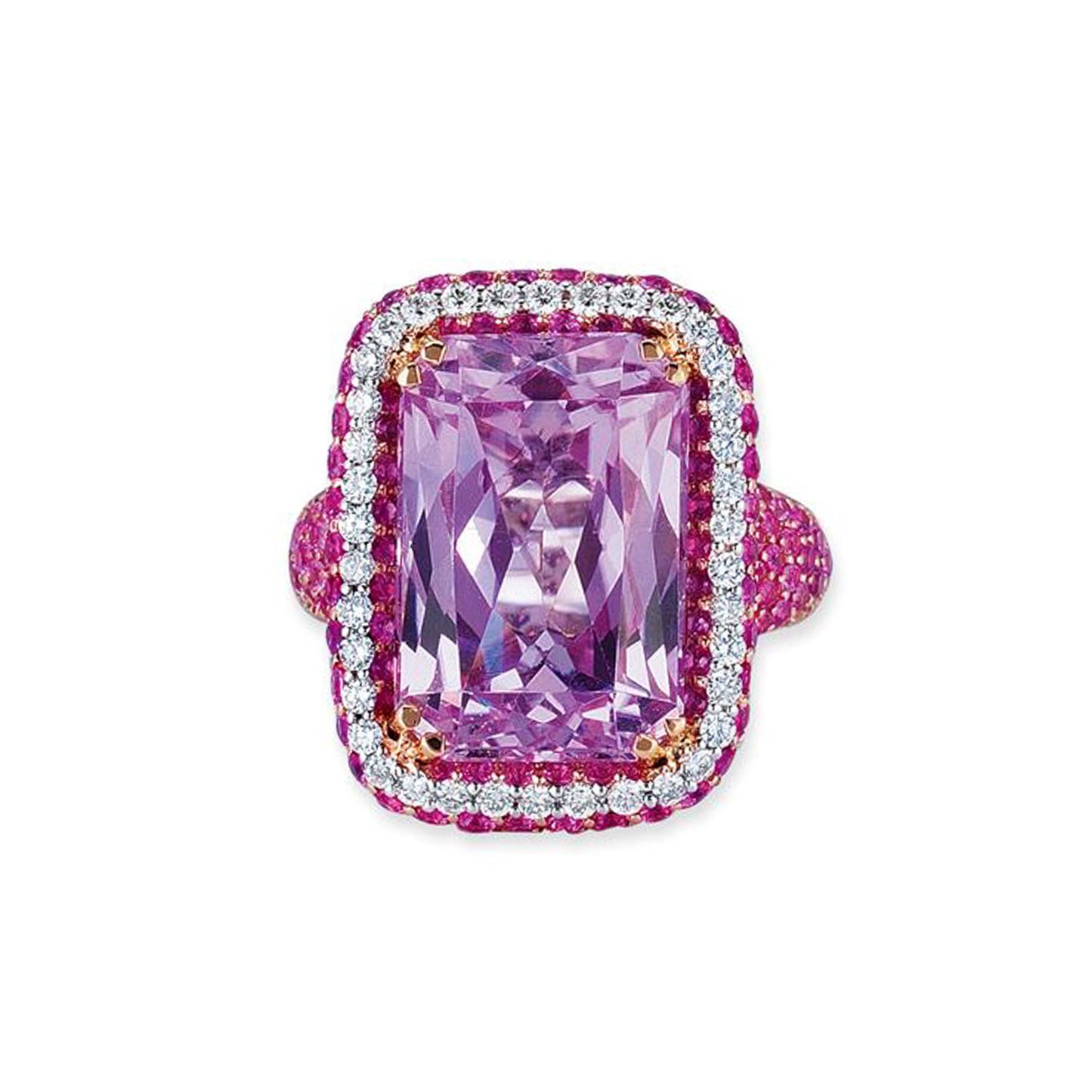 18K WHITE GOLD RING WITH DIAMONDS SAPPHIRES AND KUNZITE