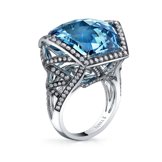 18K WHITE GOLD GEOMETRIC DIAMOND AND BLUE TOPAZ FASHION RING