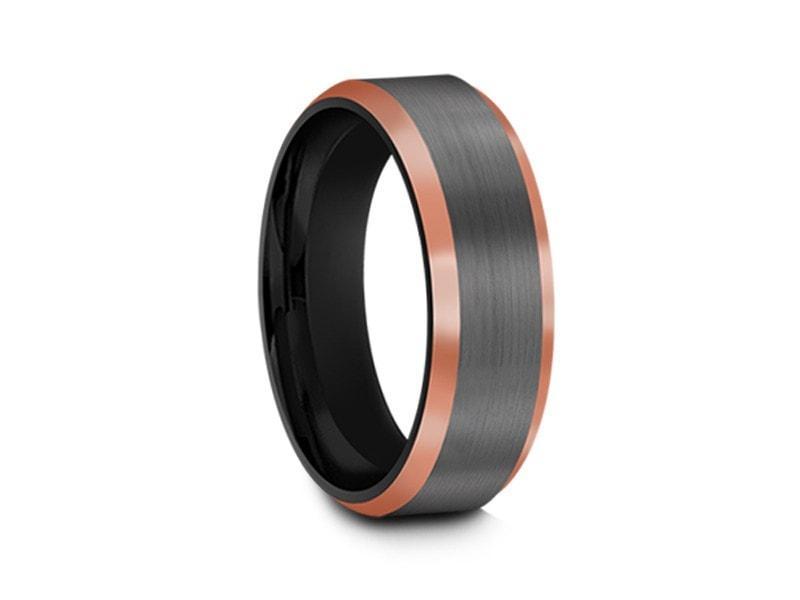 Brushed Tungsten Wedding Band - Gunmetal - Rose Gold Inlay - Engagement Ring - Beveled Shaped - Comfort Fit  6mm - Vantani Wedding Bands