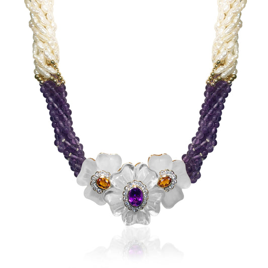 Five strand pearl and amethyst,mother of pearl necklace