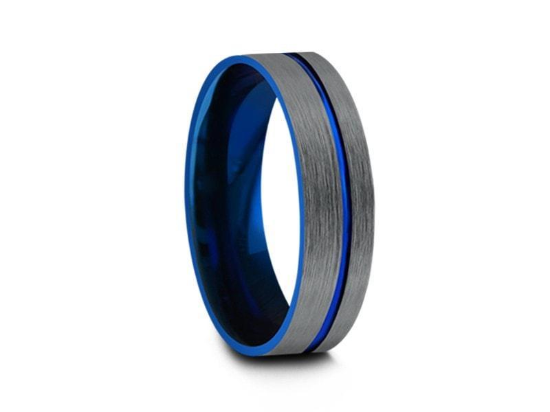 Brushed and Blue Tungsten Wedding Band - Engagement Ring - Two Tone Band - Gunmetal - Flat Pipe Shaped - Comfort Fit - 6MM - Vantani Wedding Bands