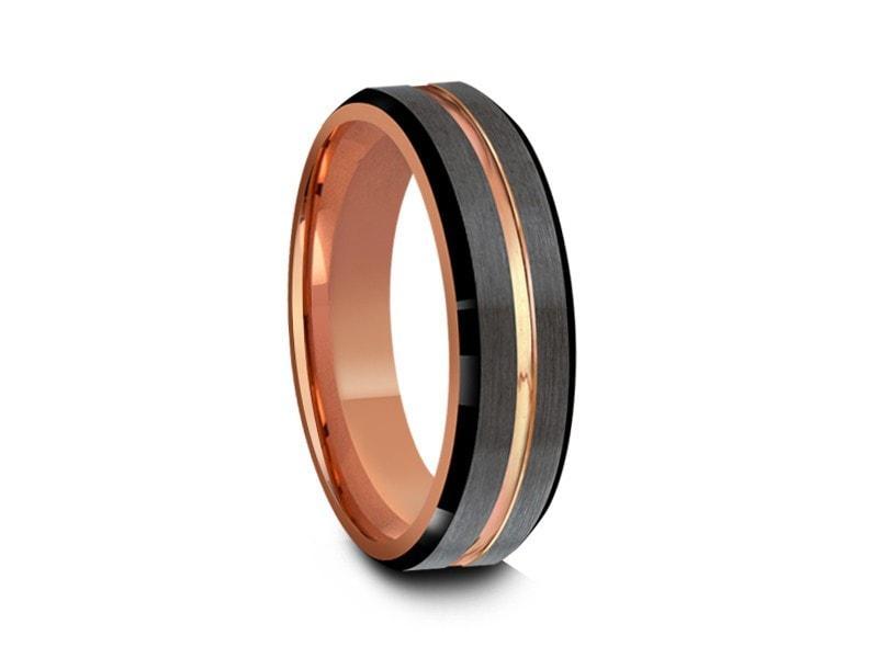 Rose Gold Tungsten Wedding Band - Brushed Polished - Engagement Ring - Three Tone - Beveled Shaped - Comfort Fit  6mm - Vantani Wedding Bands