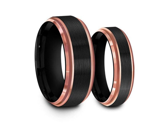 Tungsten Matching Wedding Band Set - Matching Bands - His/Hers - Engagement Ring Set - Two Tone Bands - Ridged Edges - Comfort Fit  6mm/8mm - Vantani Wedding Bands