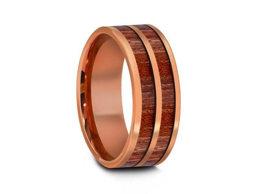 HAWAIIAN Koa Wood Inlay Tungsten Carbide Rose Gold Ring - Koa Wood Wedding Band - Engagement Ring - Flat Shaped - Comfort Fit  8mm - Vantani Wedding Bands