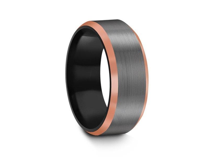 Brushed Tungsten Wedding Band - Gunmetal - Rose Gold Inlay - Engagement Ring - Beveled Shaped - Comfort Fit  8mm - Vantani Wedding Bands