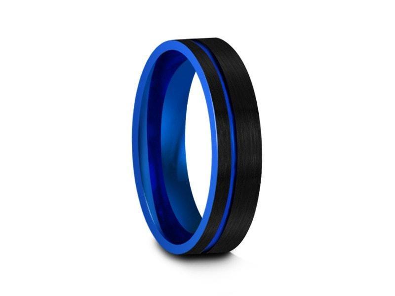 Blue Tungsten Carbide Wedding Band - Black Brushed Ring - Two Tone Band - Engagement Ring - Flat Shaped - Comfort Fit  6mm - Vantani Wedding Bands