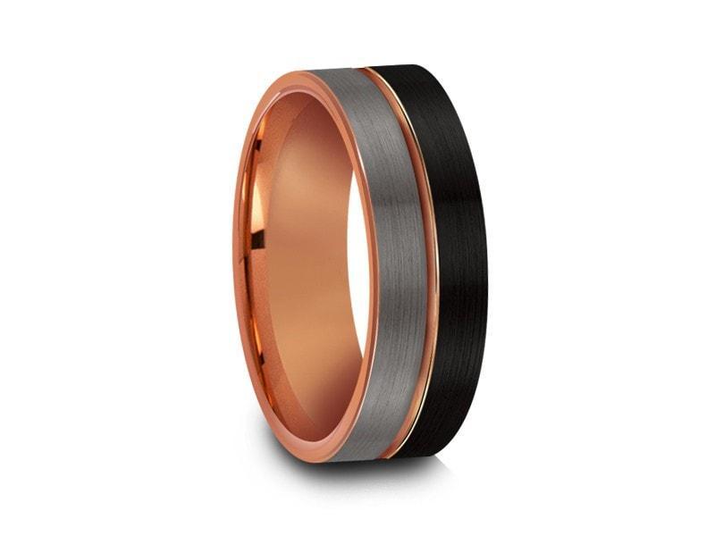 Rose Gold Tungsten Wedding Band - Brushed Polished - Engagement Ring - Three Tone - Flat Shaped - Comfort Fit  8mm - Vantani Wedding Bands